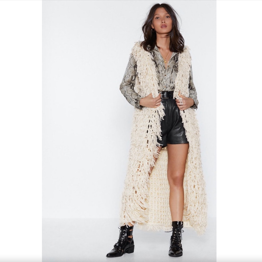 NASTY GAL Coachella Crochet Shaggy Long Waistcoat
